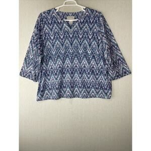 Alfred Dunner Plus Size 3X Top Blouse Split Hem 3/4 Sleeve Blue Purple Geometric